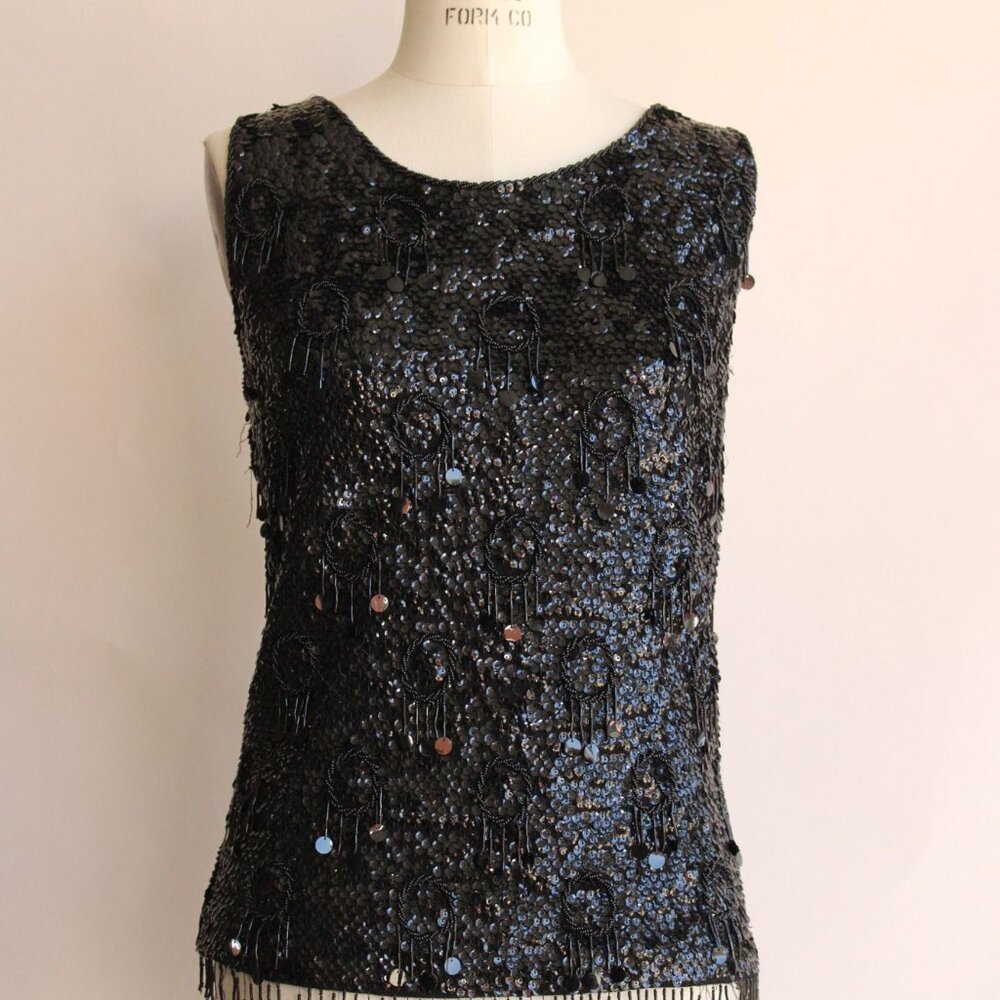Vintage 1960s Womens Top, Forecast Shops Beaded and Sequined Sweater Blouse, - Picture 2 of 10